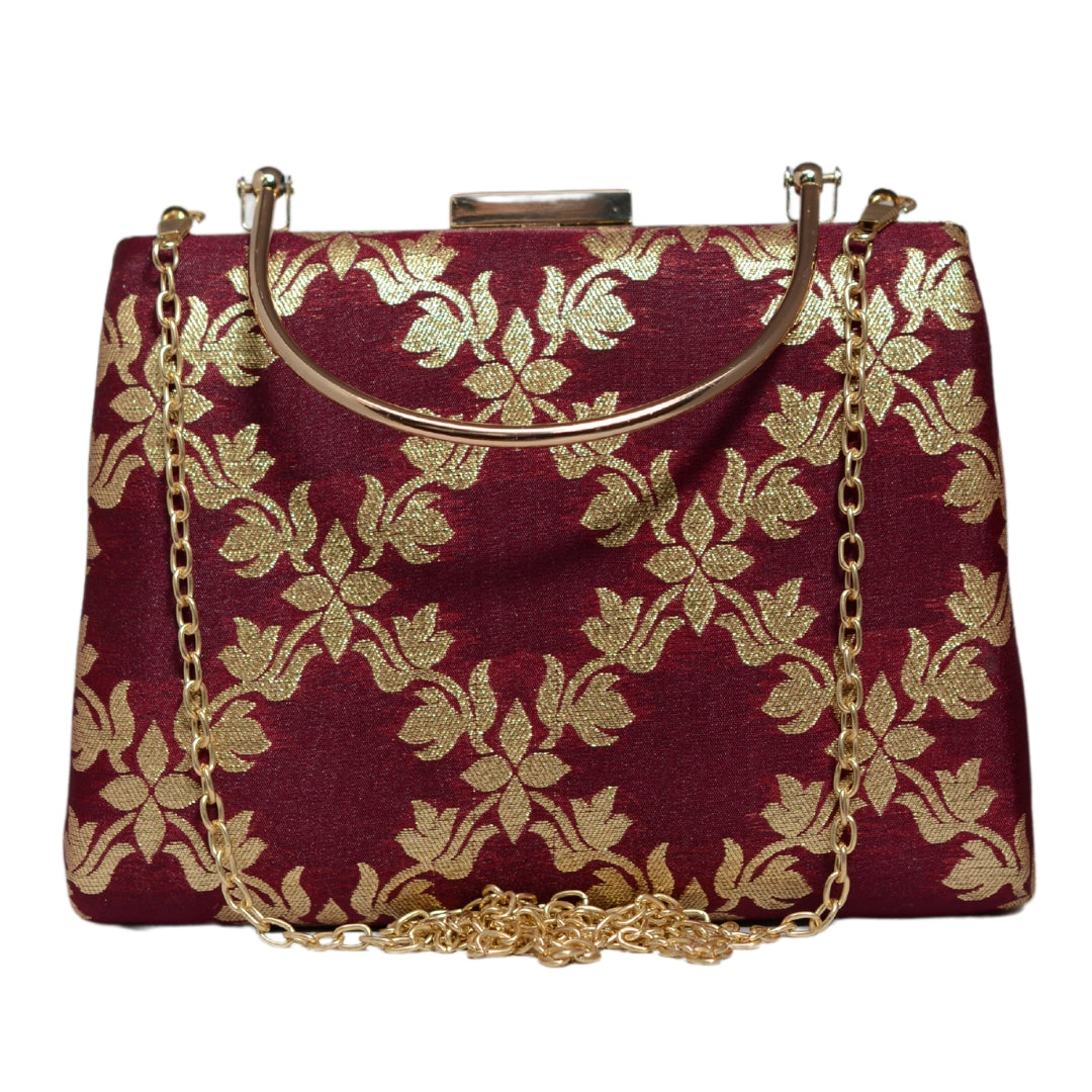 Maroon And Golden Brocade Fabric Clutch