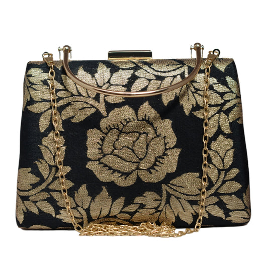 Black And Gold Brocade Fabric Clutch