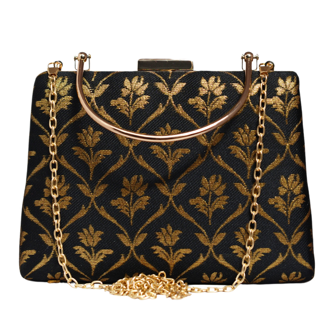 Black And Golden Brocade Fabric Clutch