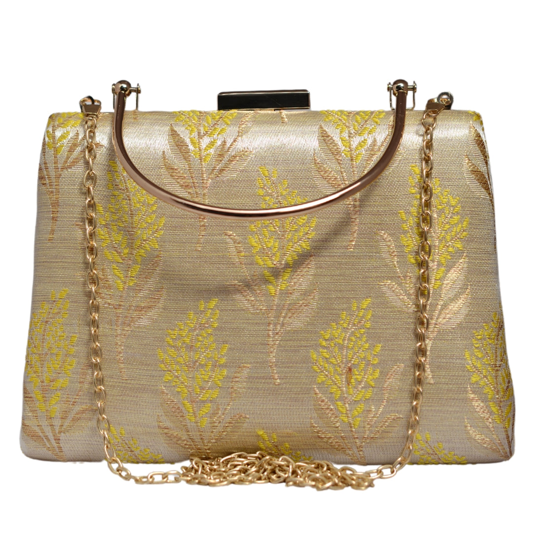 Off White And Yellow Brocade Fabric Clutch