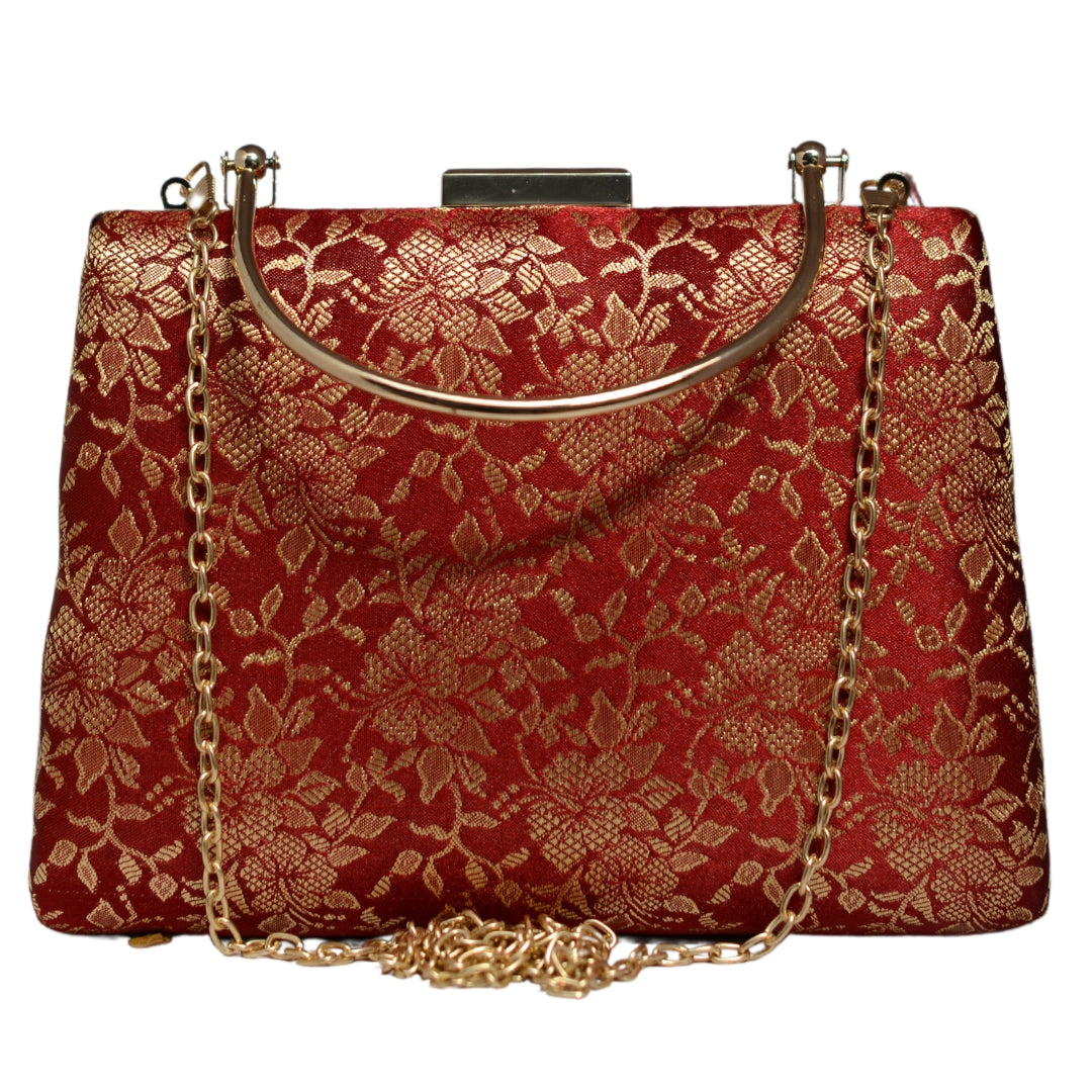 Red And Golden Brocade Fabric Clutch