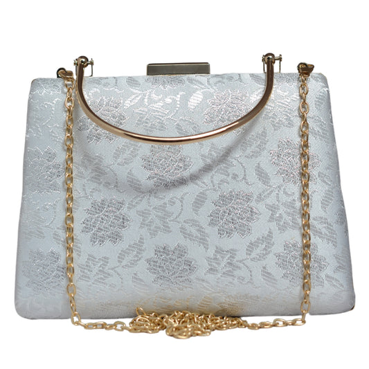 White And Silver Brocade Fabric Clutch