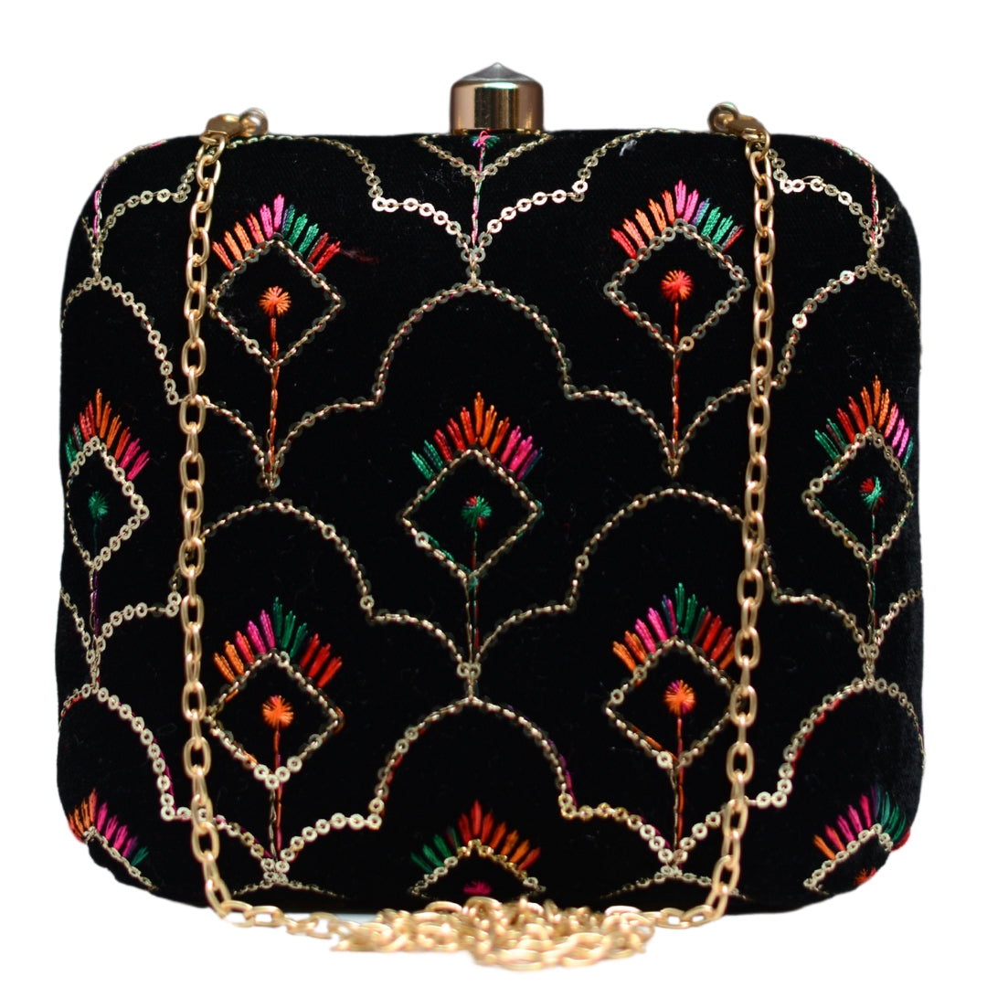 Black Multicolour Sequins Embroidery Clutch