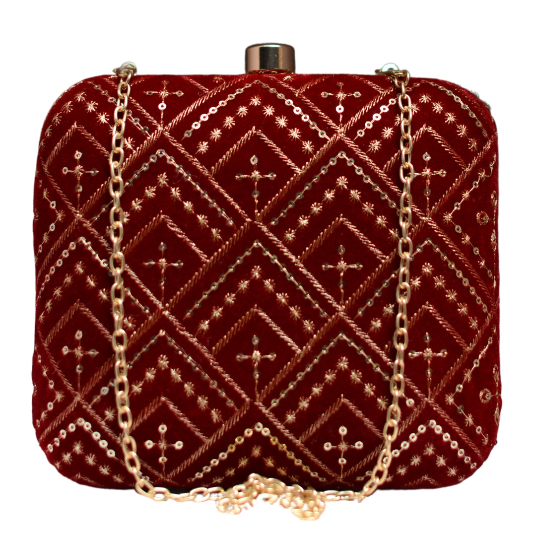 Golden Sequins Pattern Red Embroidery Clutch