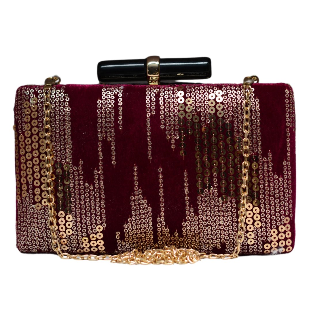 Golden Sequins Maroon Embroidery Clutch