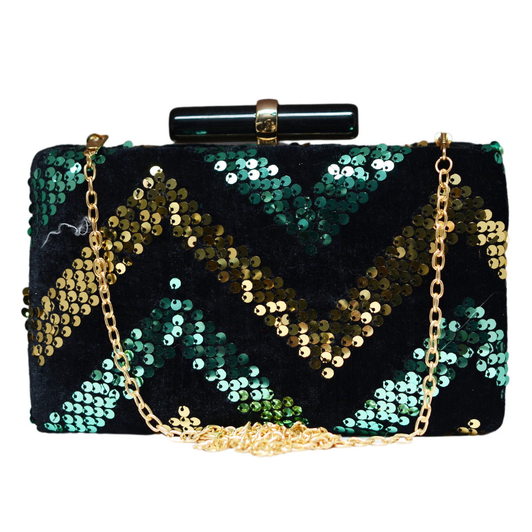 Green And Golden Sequin Zigzag Embroidery Clutch