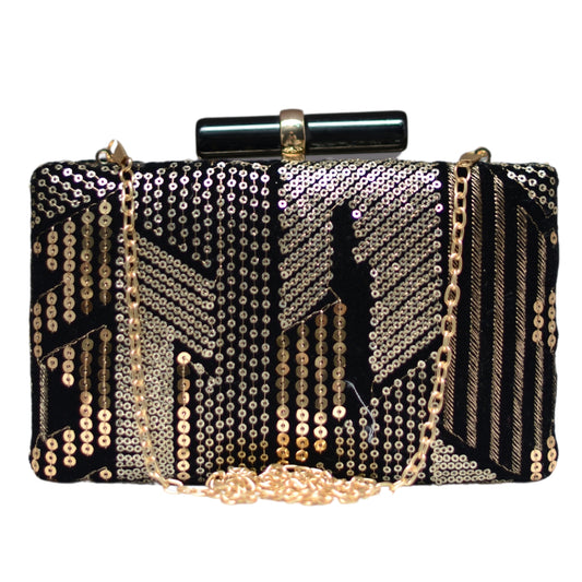 Black Multipattern Sequins Embroidery Clutch