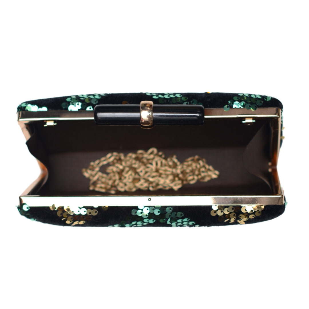 Green And Golden Sequin Zigzag Embroidery Clutch