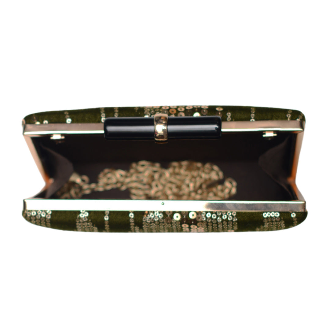 Olive Green Sequins Embroidery Clutch