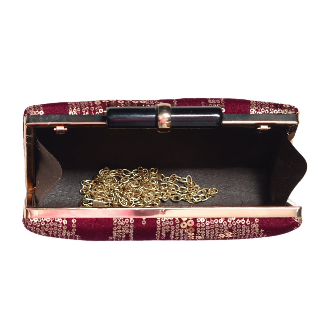 Golden Sequins Maroon Embroidery Clutch