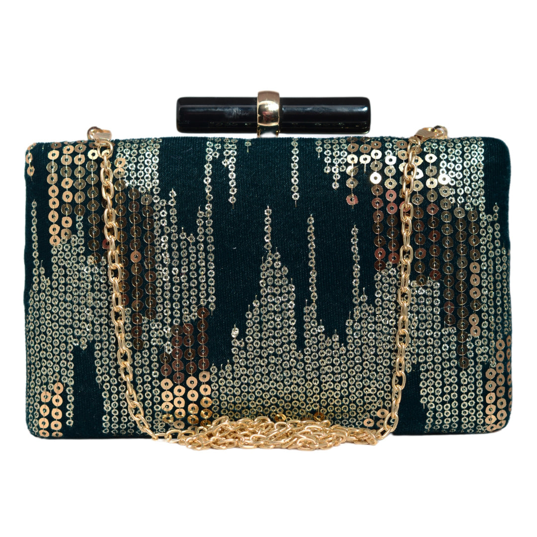 Dark Green Sequins Embroidery Clutch