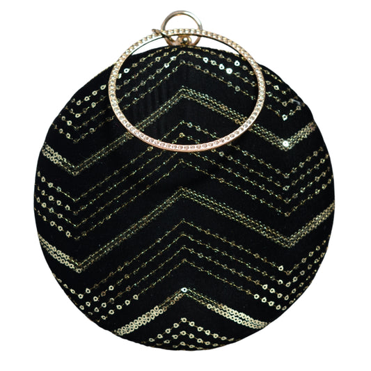 Black And Silver Sequins Embroidery Round Clutch