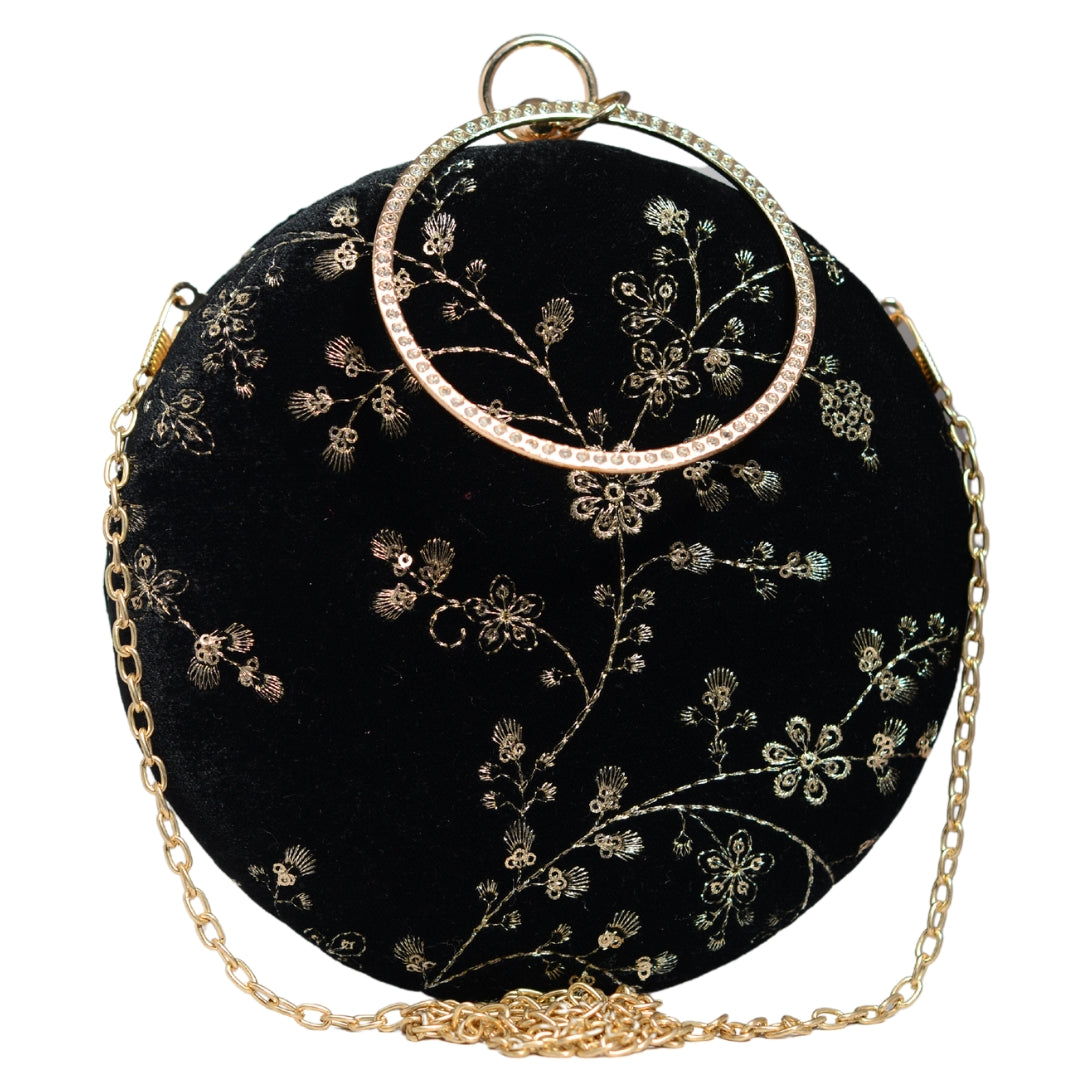 Black And Golden Floral Sequins Embroidery Clutch