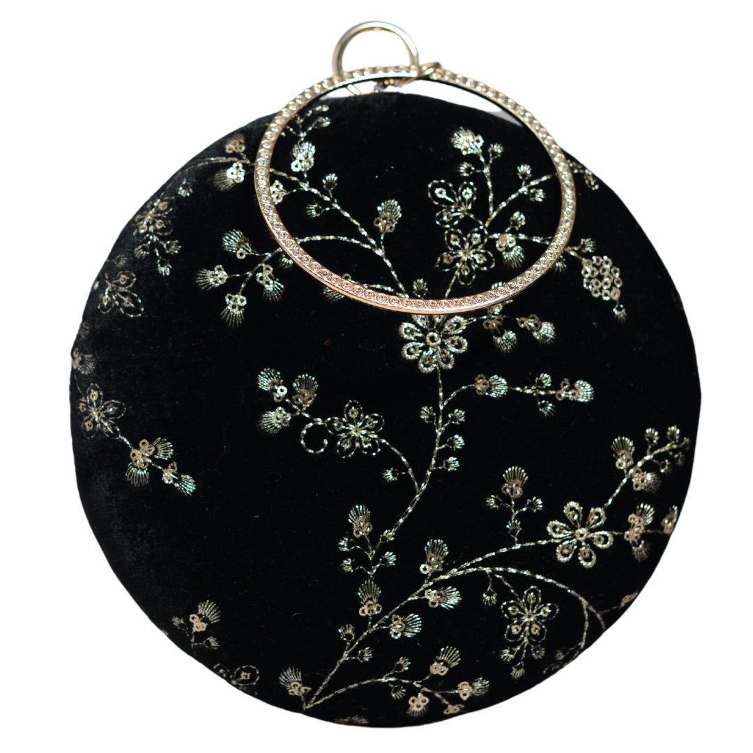 Black And Golden Floral Sequins Embroidery Clutch