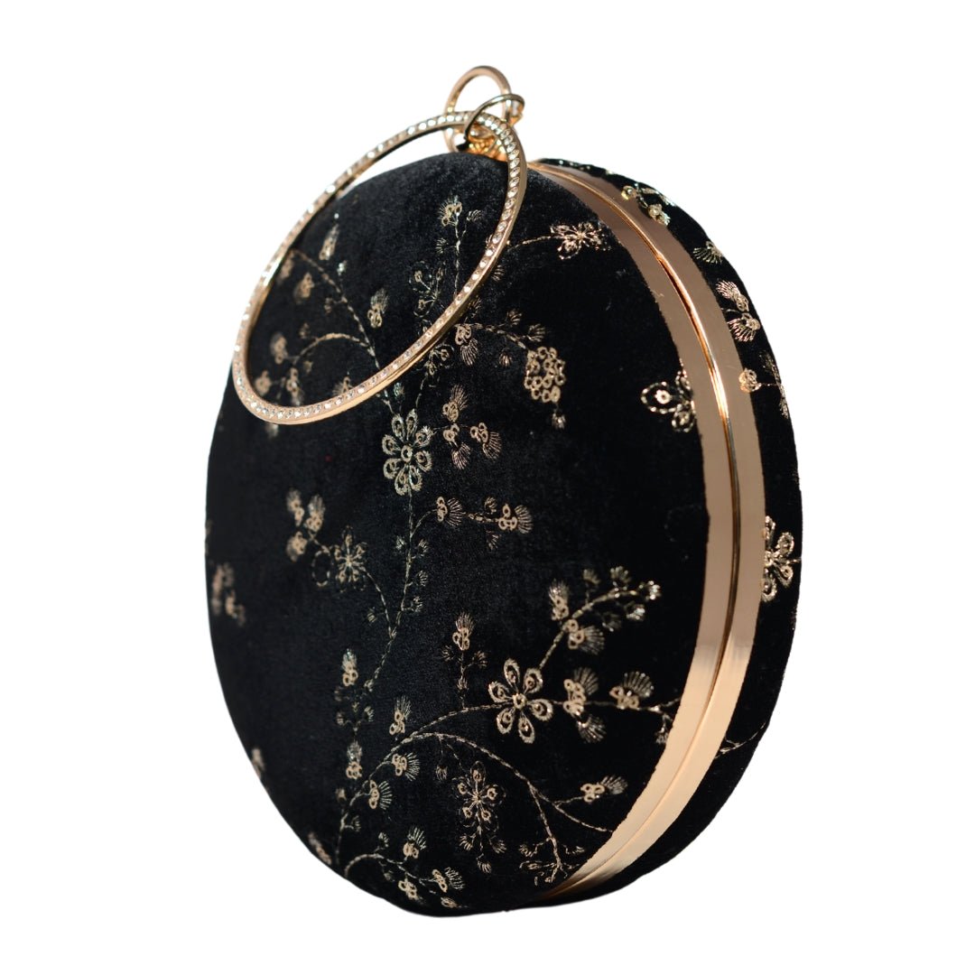 Black And Golden Floral Sequins Embroidery Clutch
