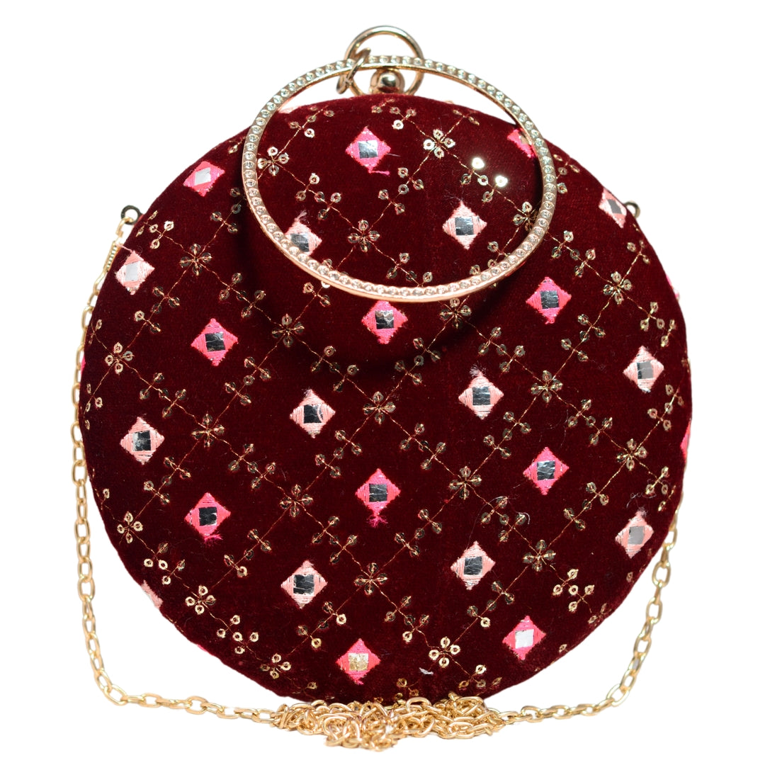 Maroon And Pink Sequins Round Clutch