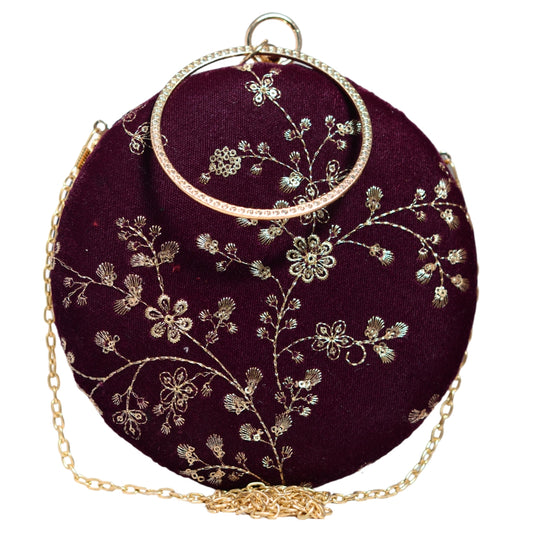 Wine And Golden Floral Sequins Embroidery Clutch