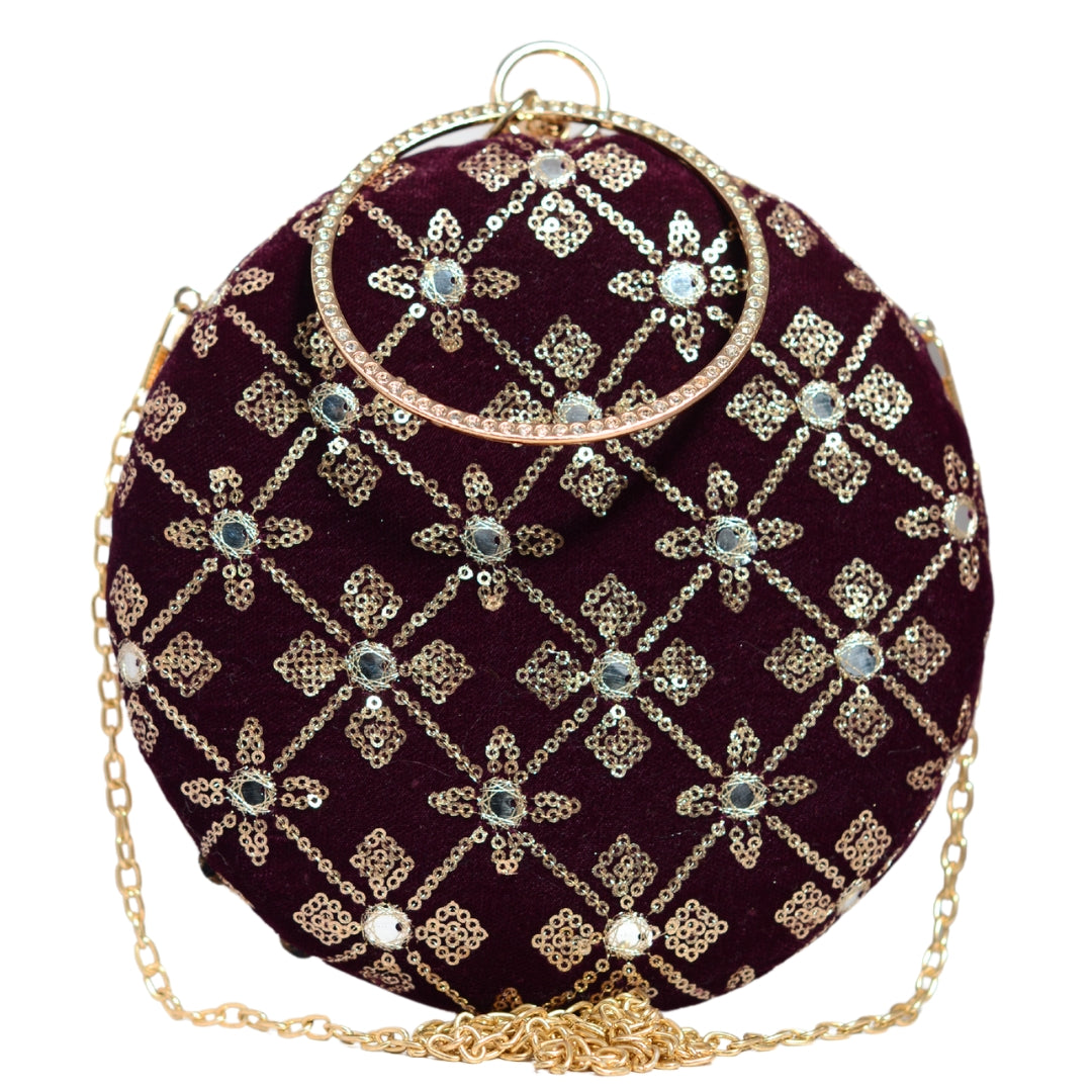 Wine Floral Sequins Round Clutch