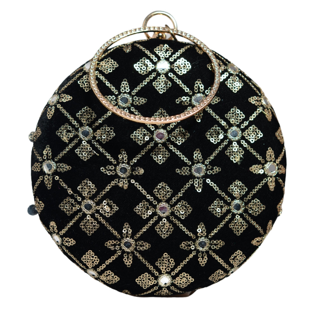 Black And Silver Floral Sequins Round Clutch