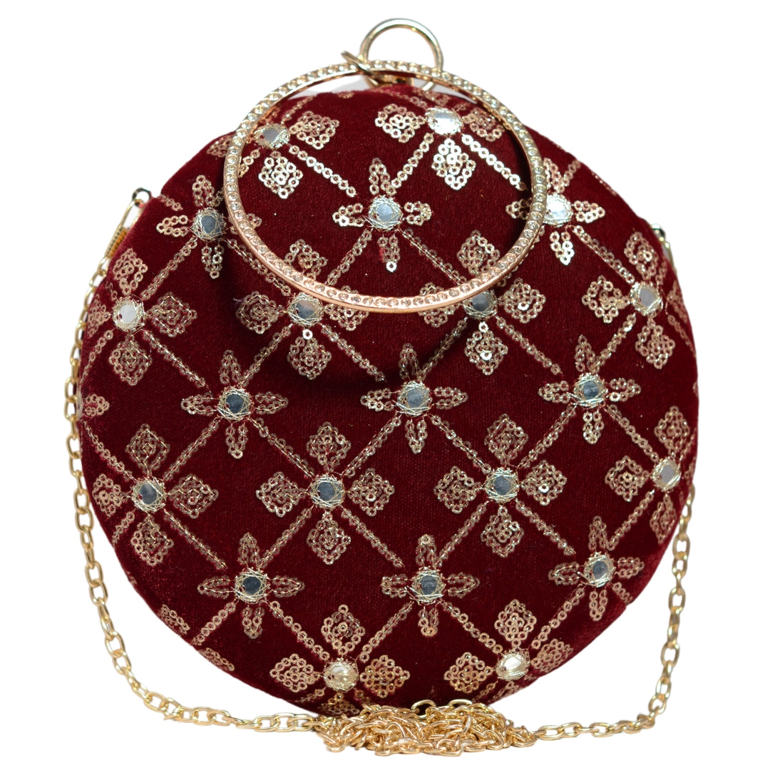 Maroon Floral Sequins Round Clutch