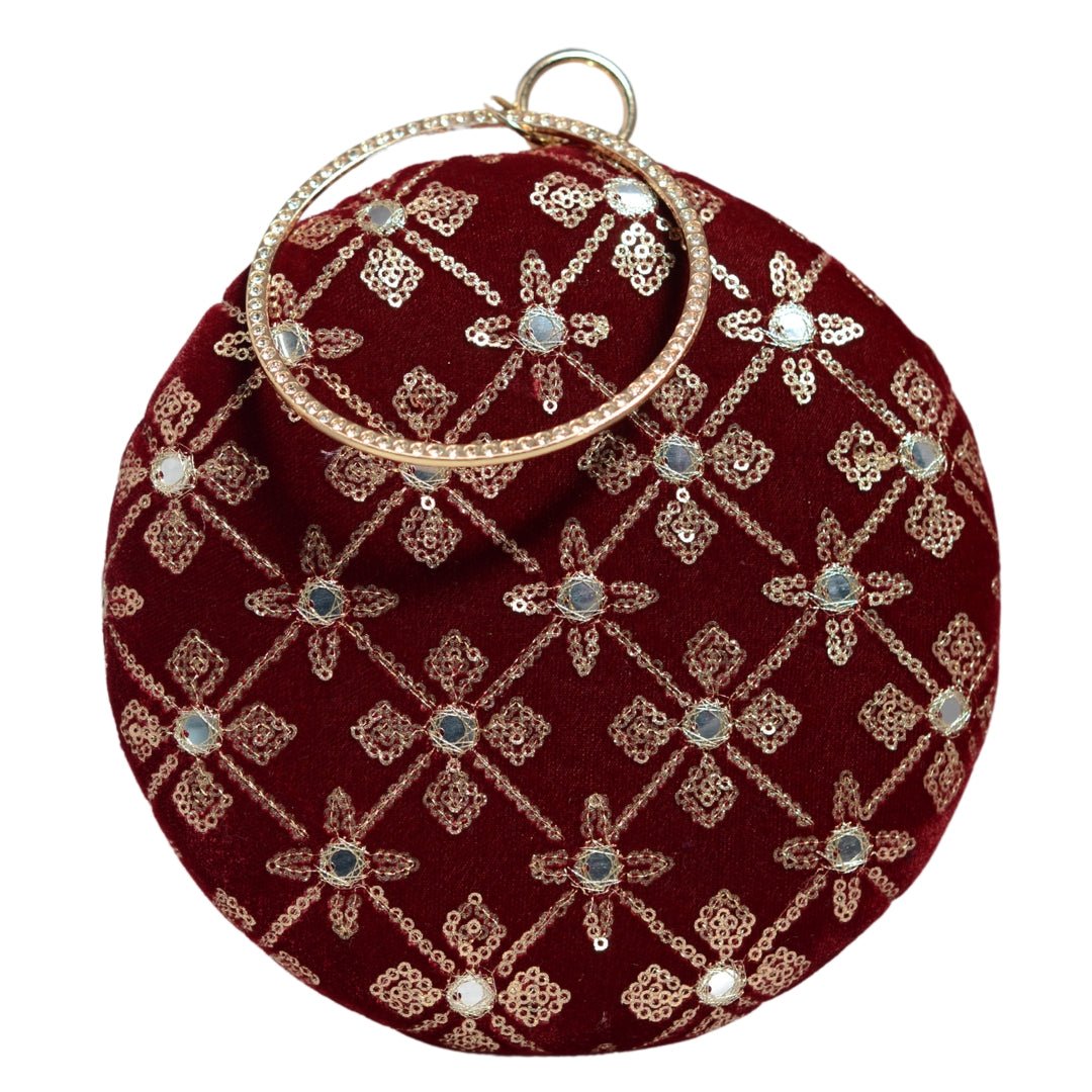 Maroon Floral Sequins Round Clutch