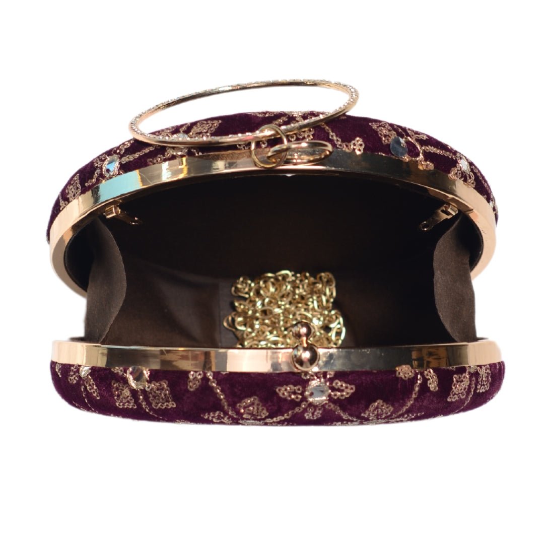 Wine Floral Sequins Round Clutch