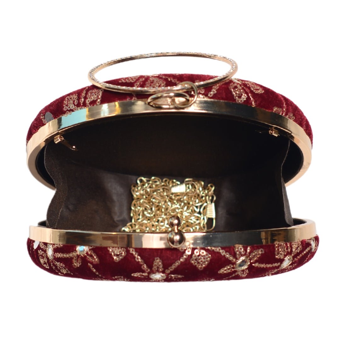Maroon Floral Sequins Round Clutch