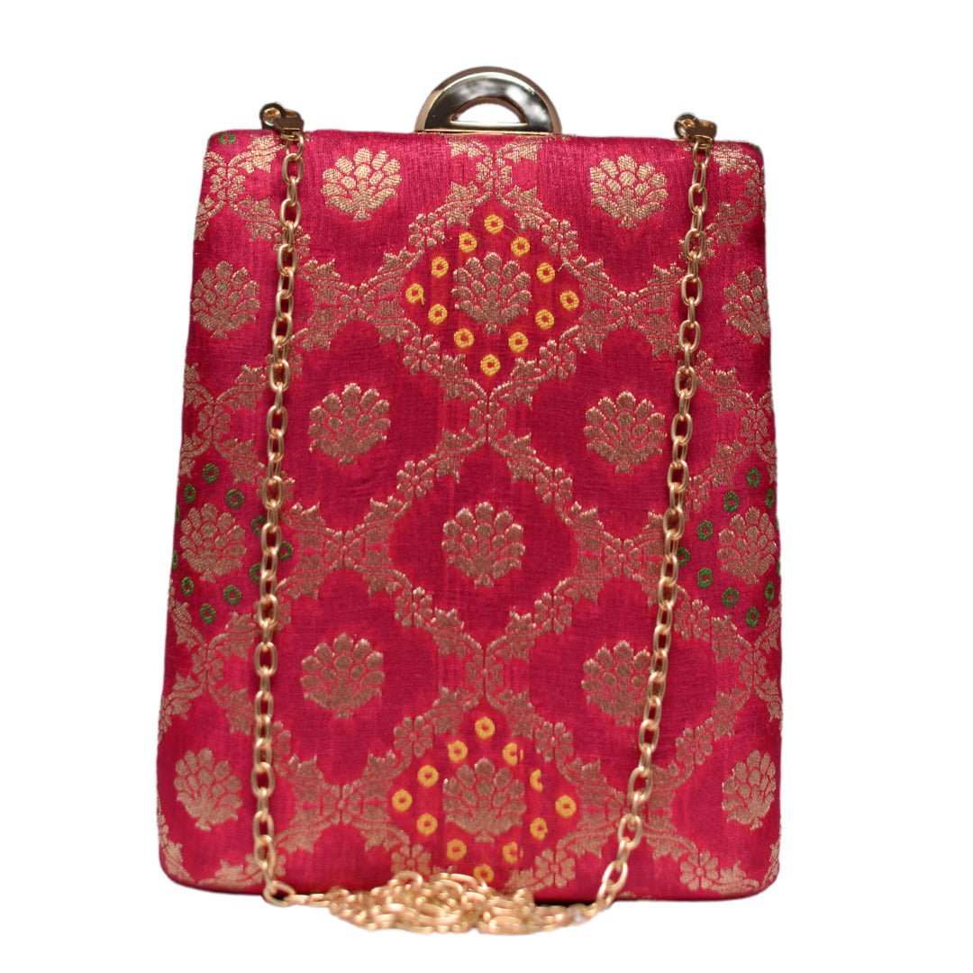 Pink Brocade Fabric Vertical Clutch