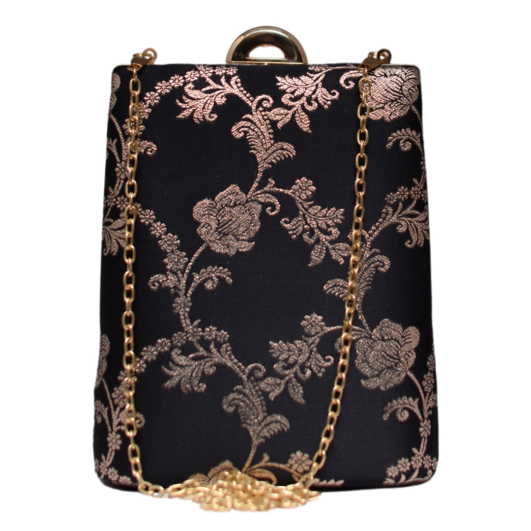 Black Floral Brocade Vertical Clutch