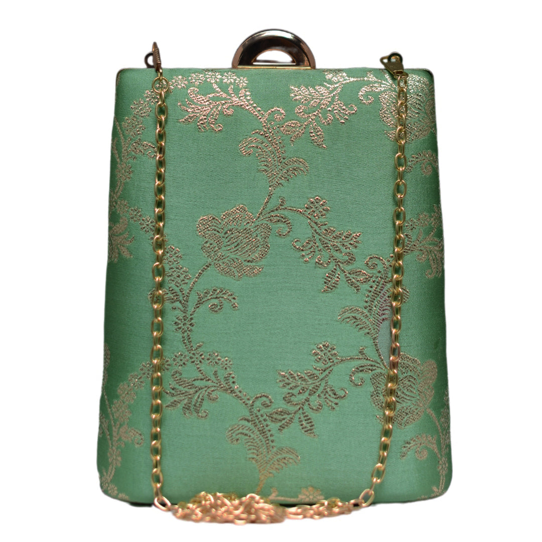 Green Brocade Fabric Vertical Clutch