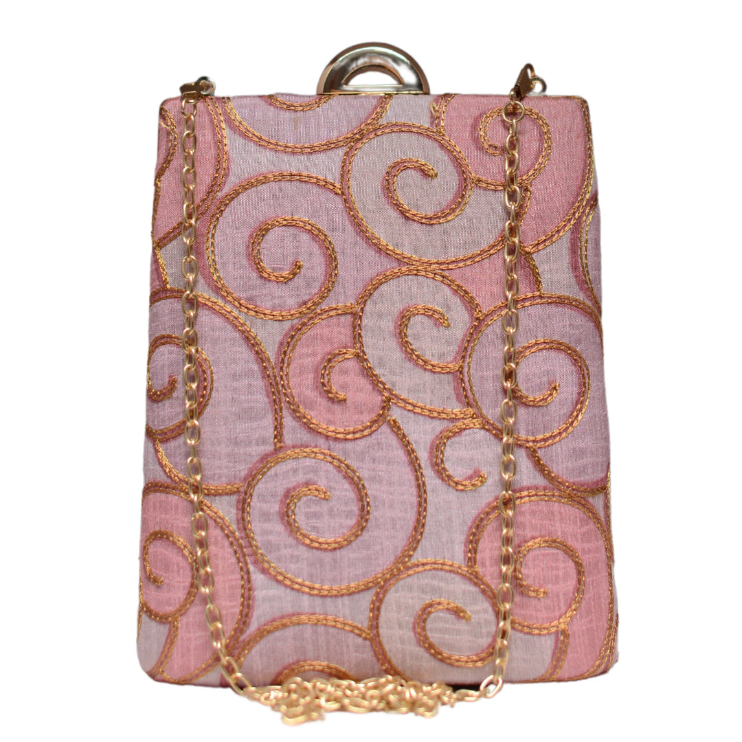 Pink And Golden Embroidery Vertical Clutch