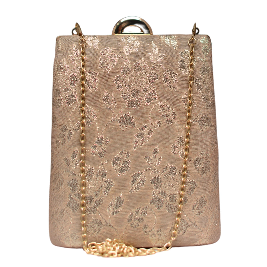 Beige And Silver Brocade Vertical Clutch