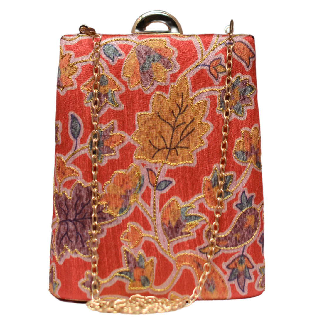 Red Floral Brocade Fabric Vertical Clutch