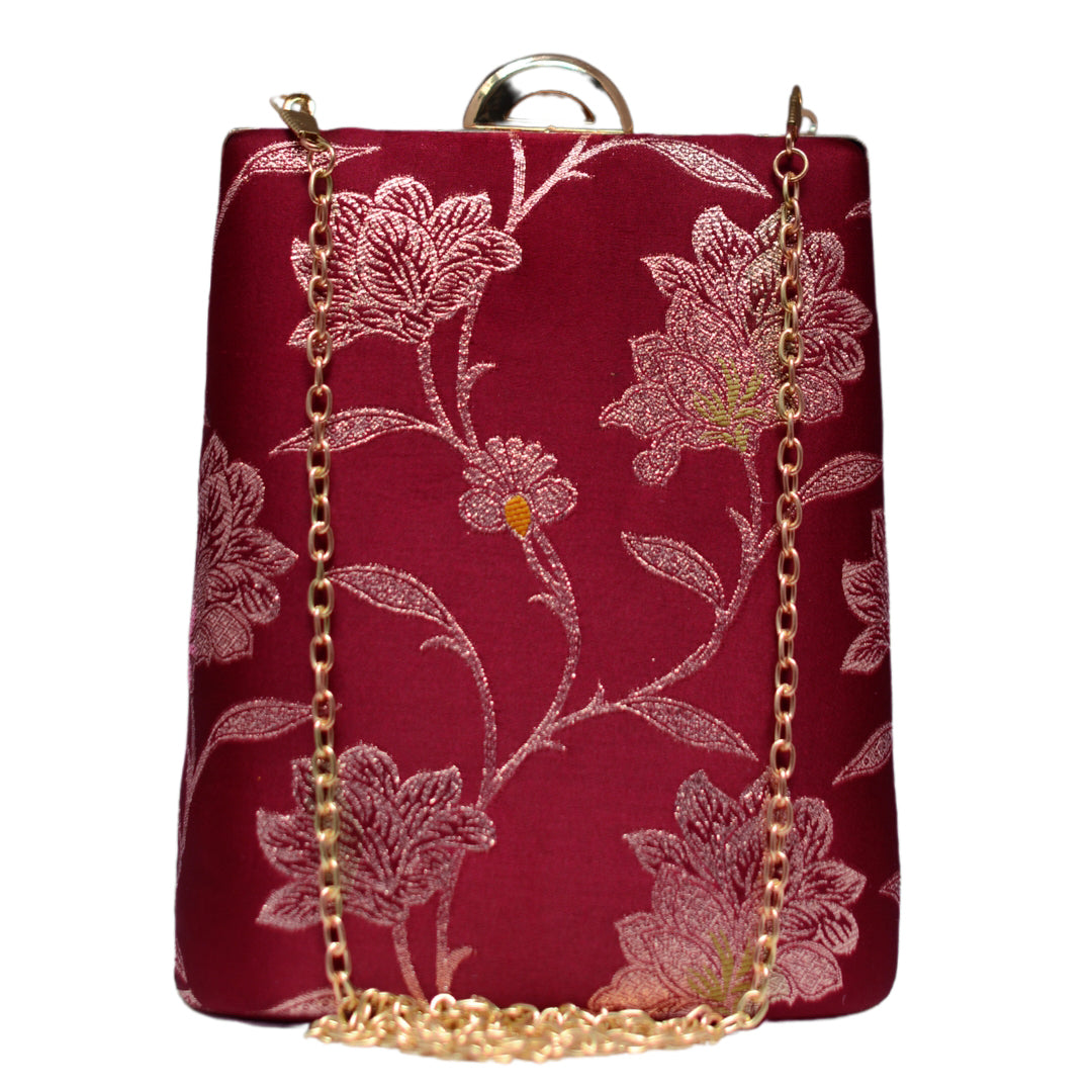 Maroon Floral Brocade Vertical Clutch