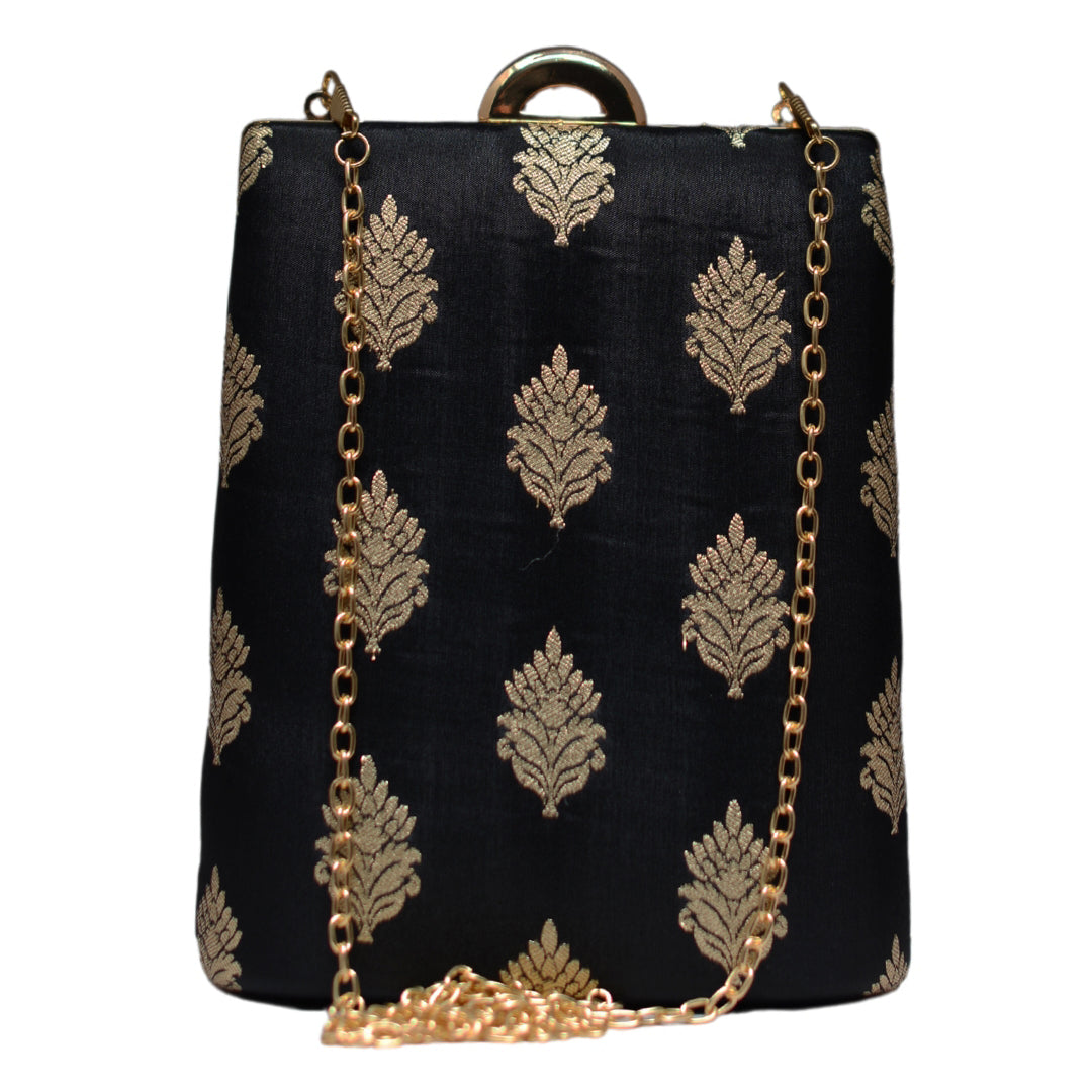 Black Brocade Fabric Vertical Clutch