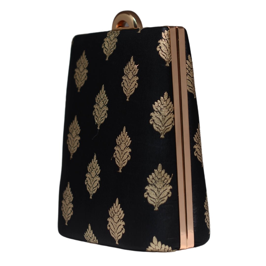 Black Brocade Fabric Vertical Clutch