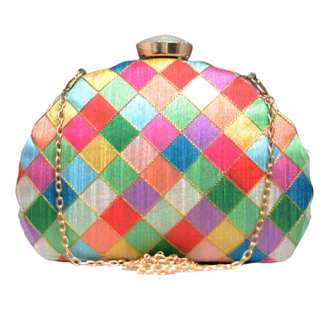 Multicolour Box Pattern Moon Shaped Clutch