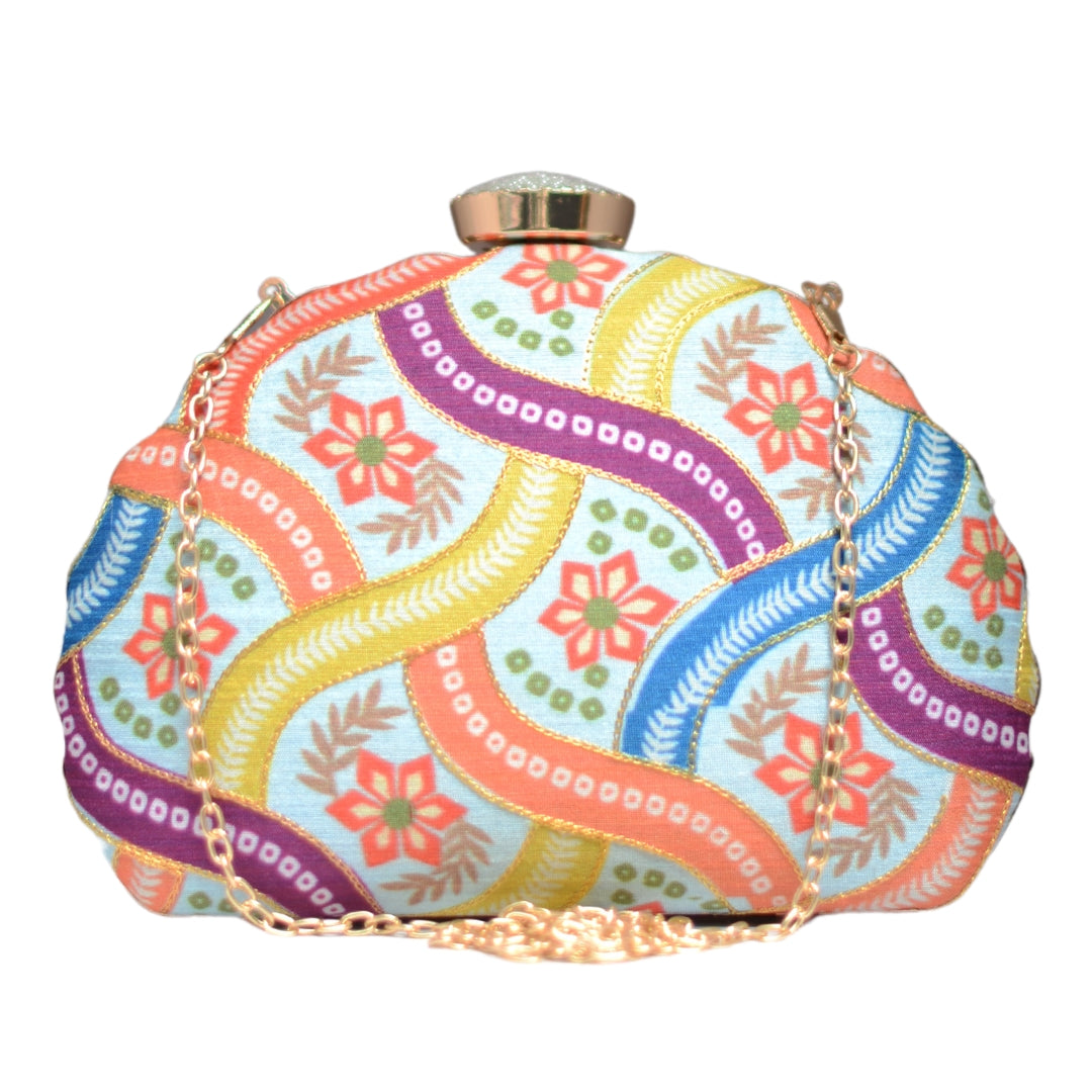 Blue Multicolour Pattern Moon Shaped Clutch