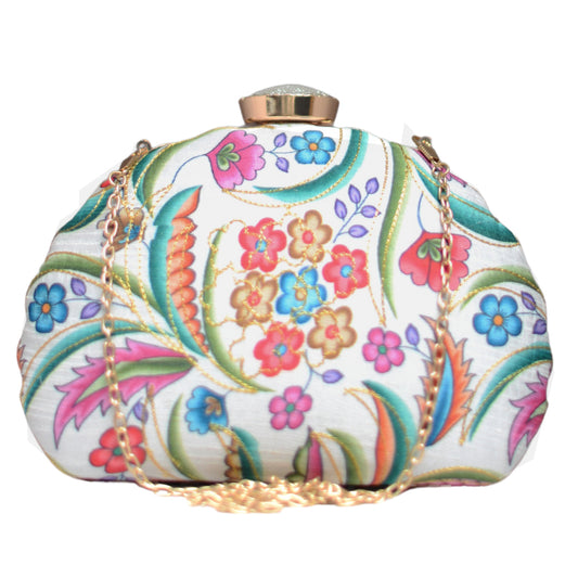 White Floral Printed Moon Shaped Clutch