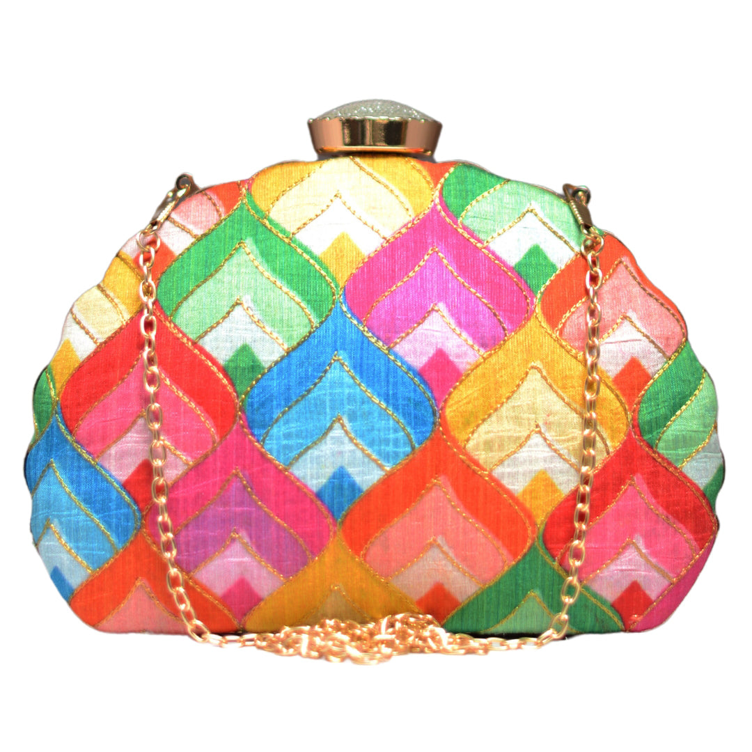 Multicolour Feather Pattern Moon Shape Clutch