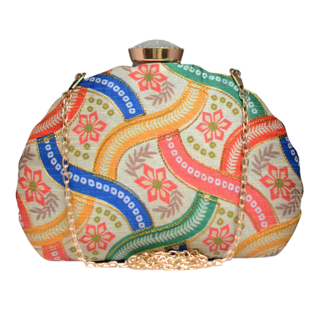 Cream Multicolour Moon Shape Clutch