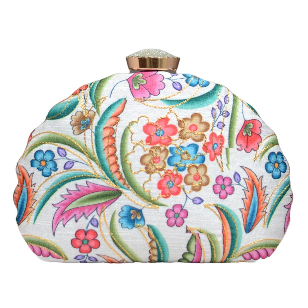 White Floral Printed Moon Shaped Clutch