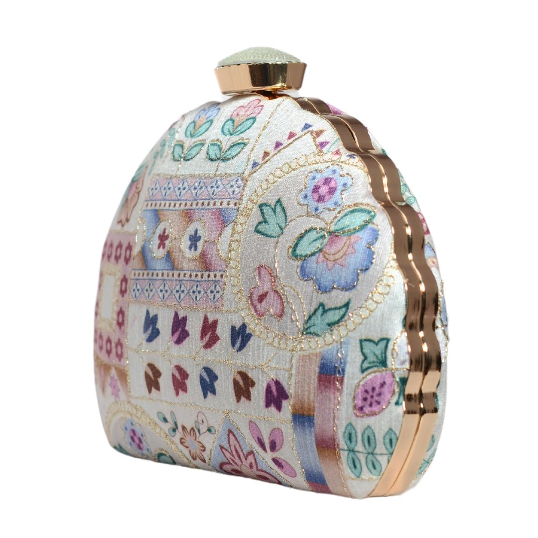 White Multipattern Moon shape Clutch
