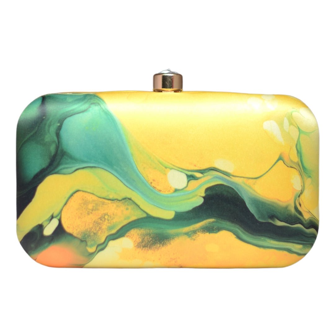 Green And Yellow Flow Art Printed Clutch
