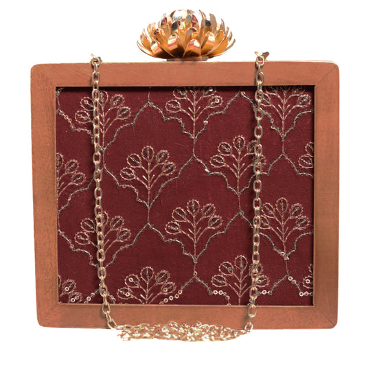Red Sequins Embroidery Wooden Clutch