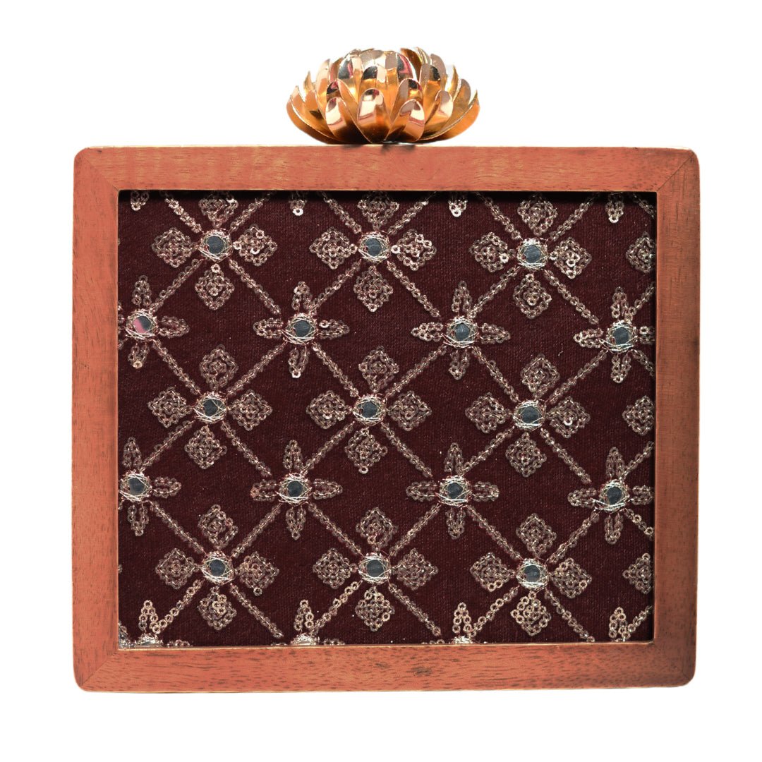 Maroon Sequins Embroidery Wooden Clutch