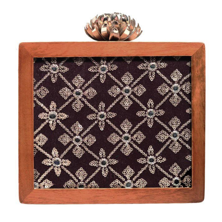 Wine Sequins Embroidery Wooden Clutch