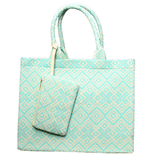 Turquoise Green Jacquard Box Style Tote bag