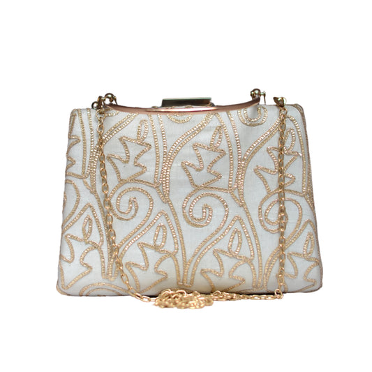 White And Golden Embroidery Clutch