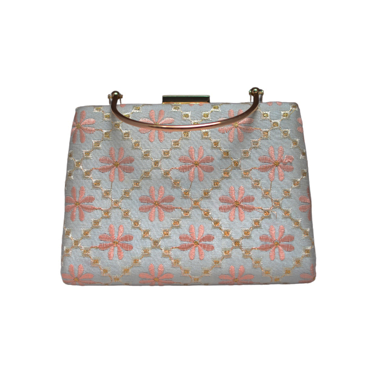 White and Pink Floral Embroidery Clutch